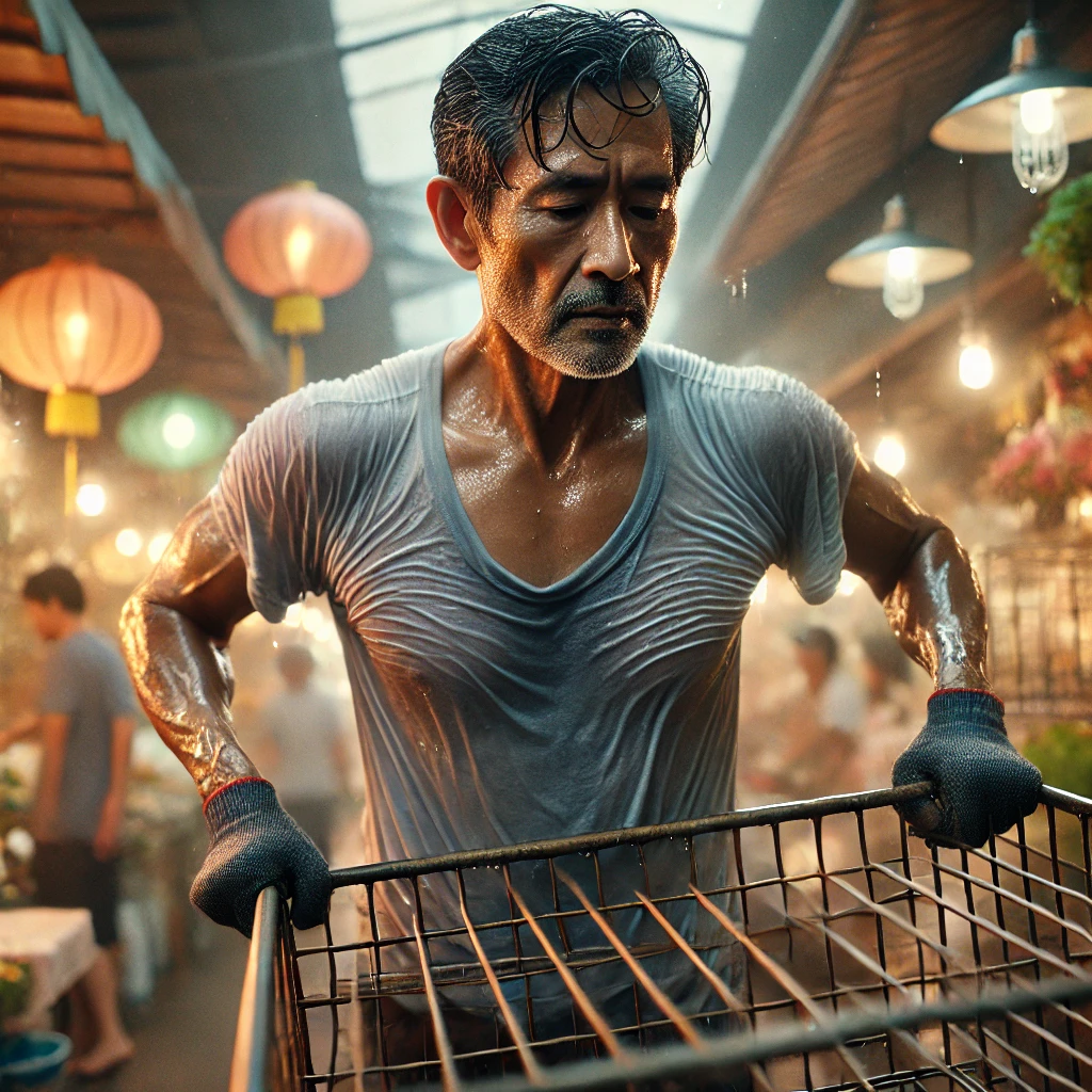 มือผู้ค้าจับรถเข็น ท่ามกลางอากาศร้อนและความเหน็ดเหนื่อย บทเรียน ขายอะไรดีตลาดนัด