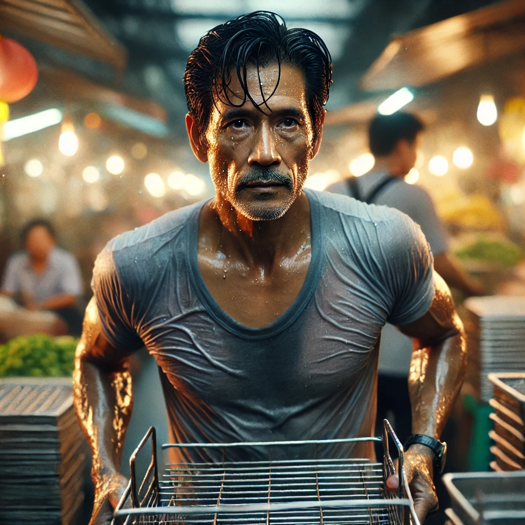 ผู้ขายยืนมั่นใจตรงหน้าเต็นท์ สื่อถึงความกล้าท้าทาย แม้จะเหน็ดเหนื่อยจากการตั้งร้านเก็บร้านทุกวัน บทเรียน ขายอะไรดีตลาดนัด