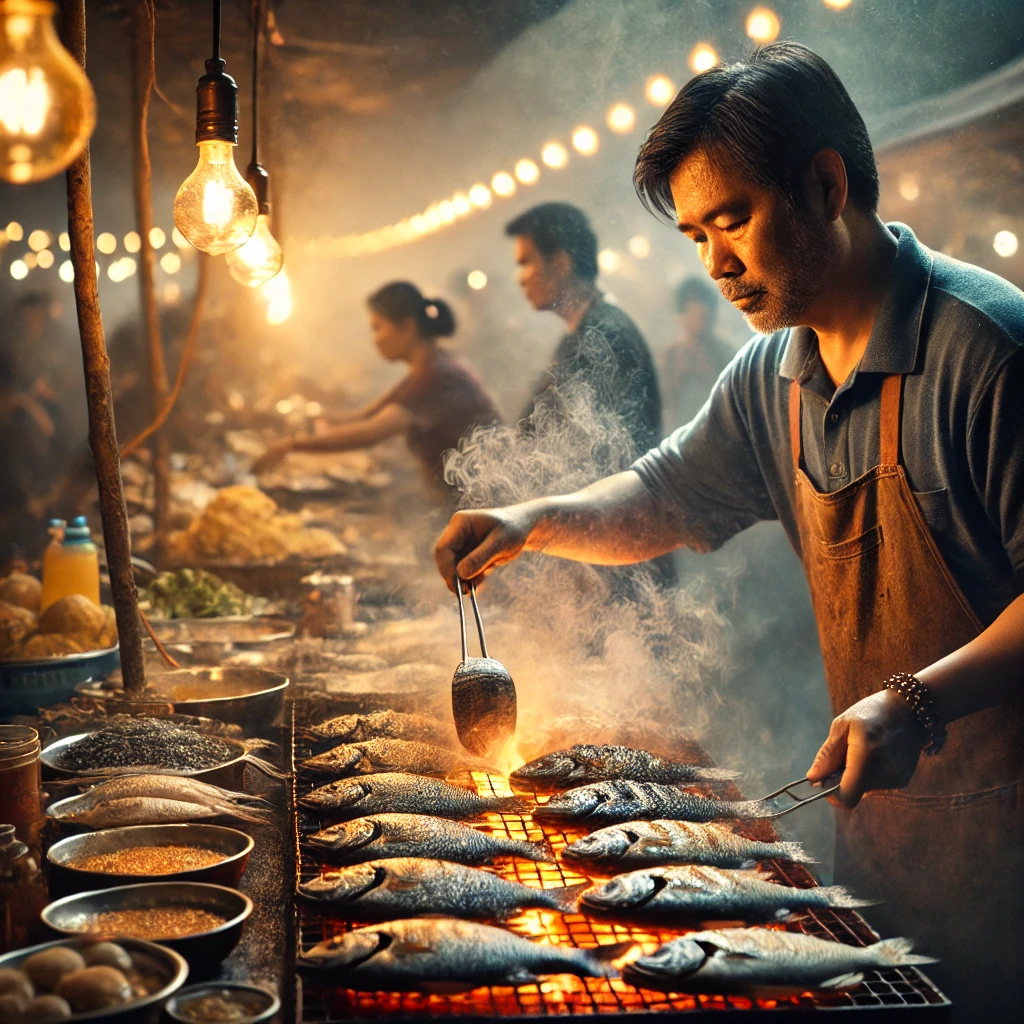 เจ้าของร้านยืนตรงด้วยท่าทางเปิดเผย แสดงถึงความจริงใจเต็มเปี่ยม