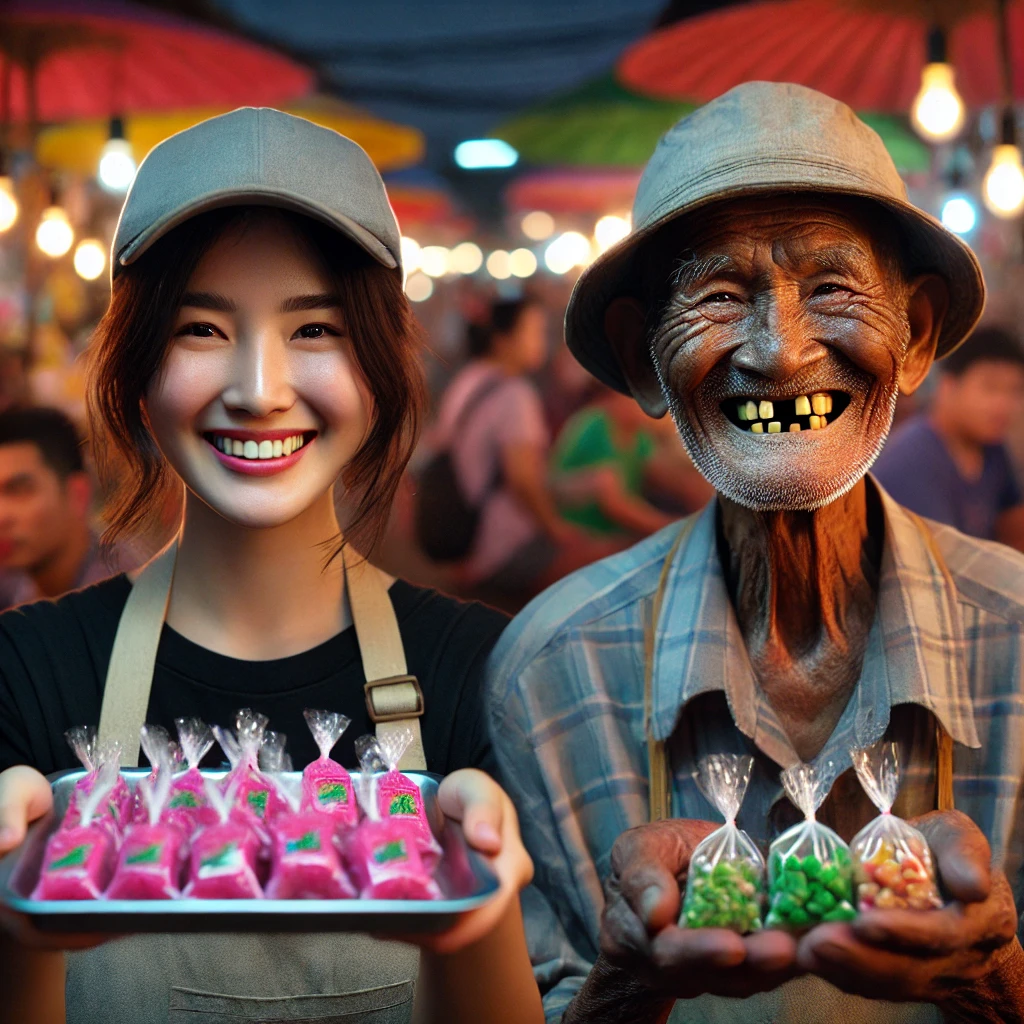 ผู้ค้าหน้าแผงสบตาลูกค้า พร้อมรอยยิ้มเชิญชวน