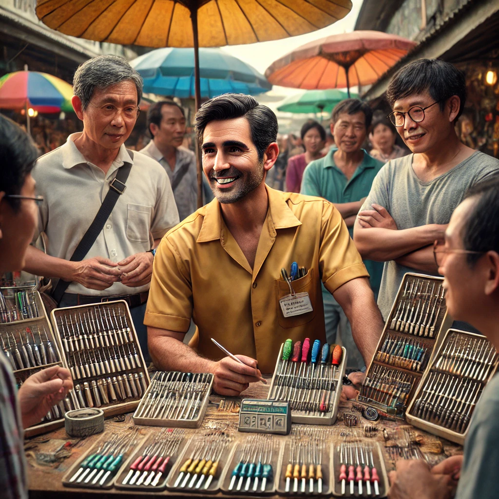 เจ้าของร้านนั่งคุยกับผู้มาเลือกชม สื่อถึงการเข้าใจความต้องการ